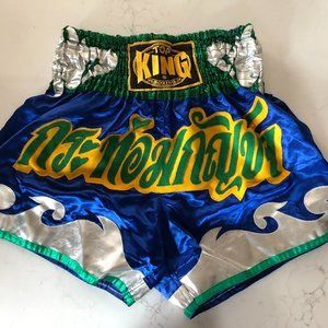 Top King Muay Thai Boxing Shorts, Blue, Green, Silver, Yellow, 29" to 32" waist